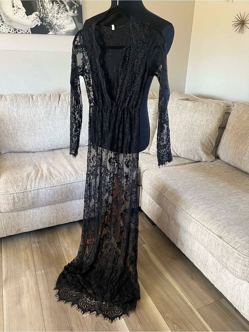 Black Lace Long Sleeve Maxi Dress - Elegant Semi-Sheer Evening Gown